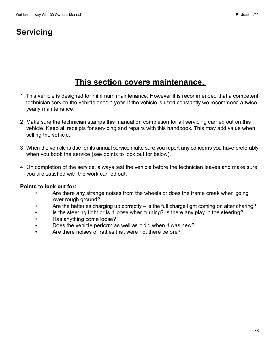 Servicing | Golden Technologies LitewayTM User Manual | Page 38 / 43