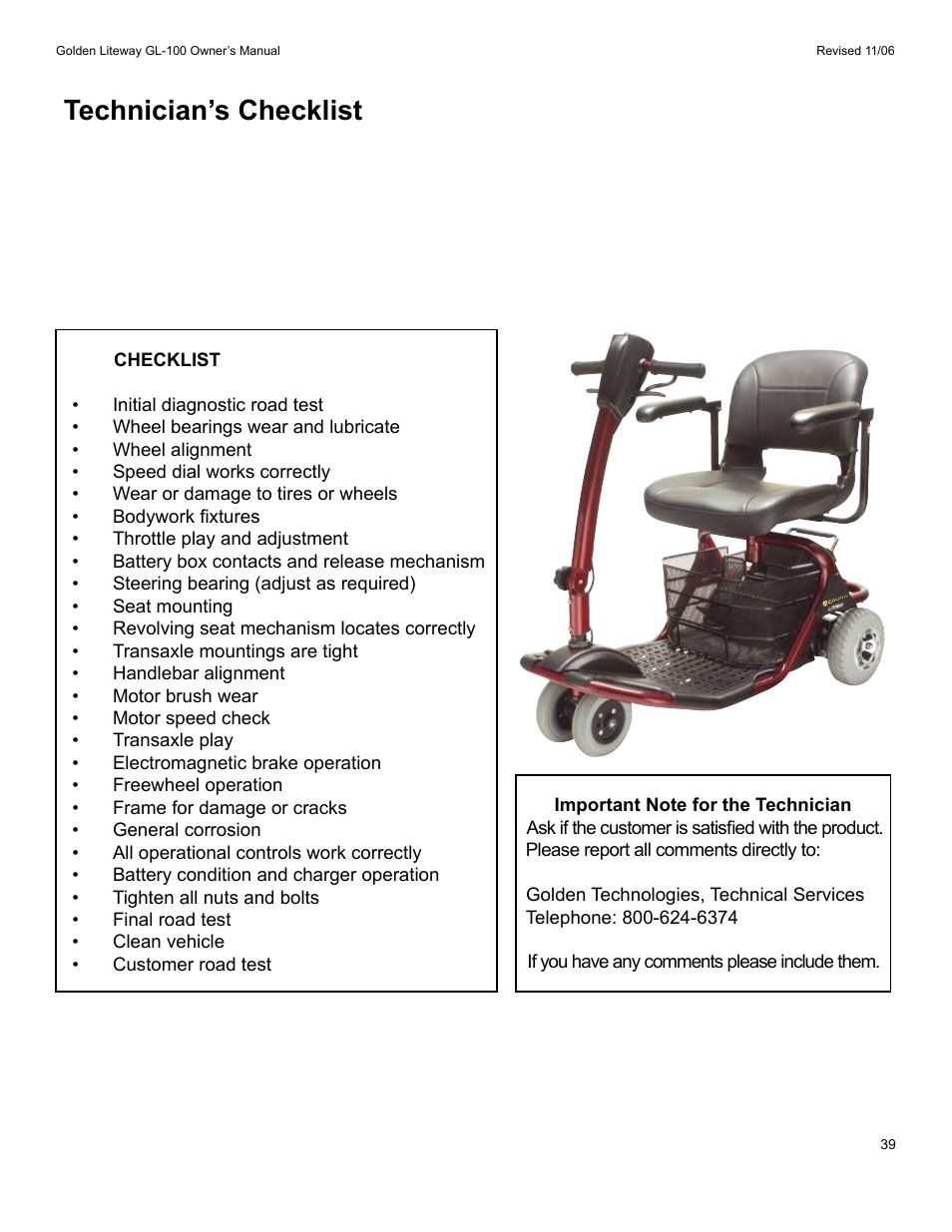 Technician’s checklist | Golden Technologies LitewayTM User Manual | Page 39 / 43