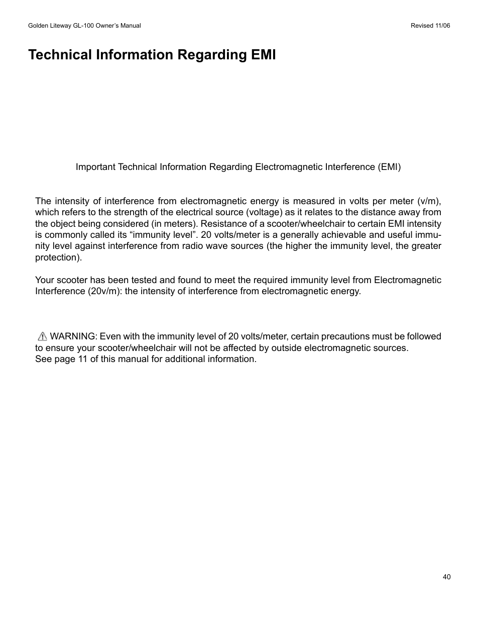 Technical information regarding emi | Golden Technologies LitewayTM User Manual | Page 40 / 43