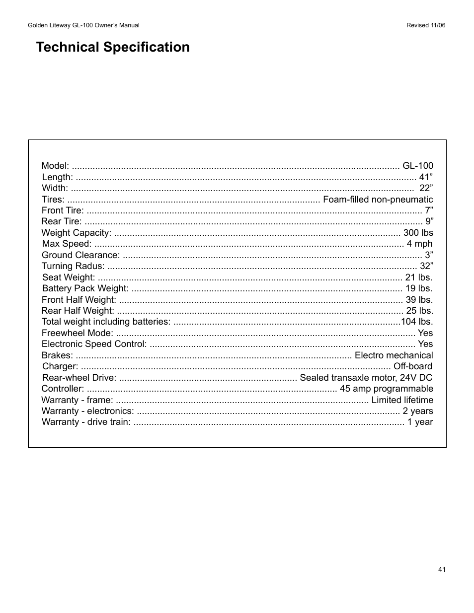 Technical specification | Golden Technologies LitewayTM User Manual | Page 41 / 43