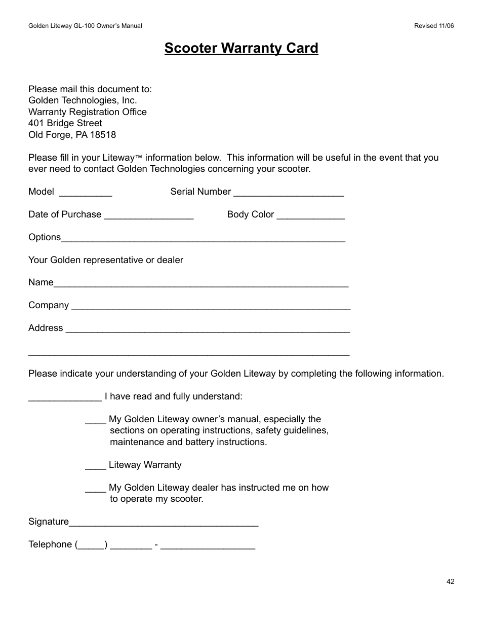 Scooter warranty card | Golden Technologies LitewayTM User Manual | Page 42 / 43