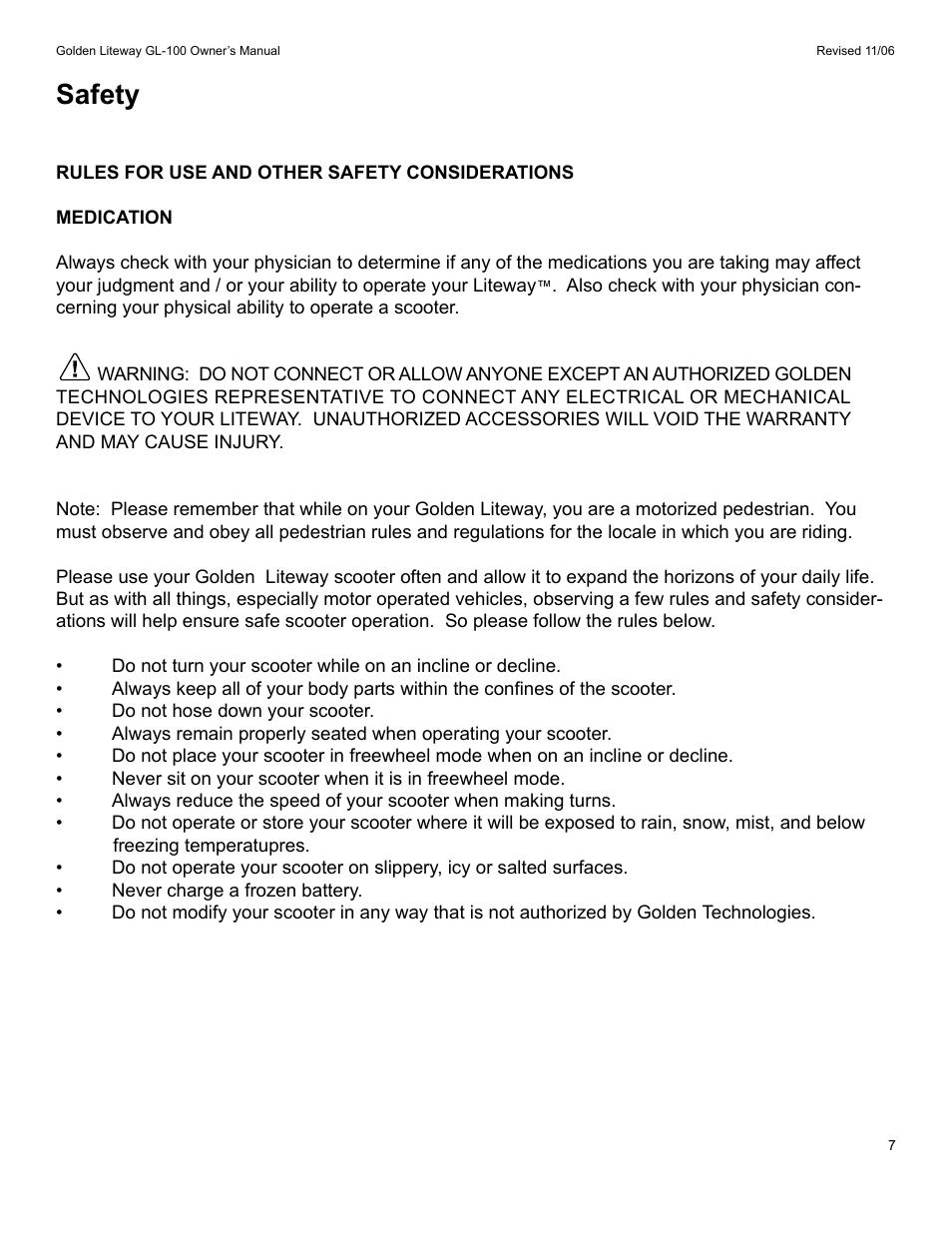 Safety | Golden Technologies LitewayTM User Manual | Page 7 / 43