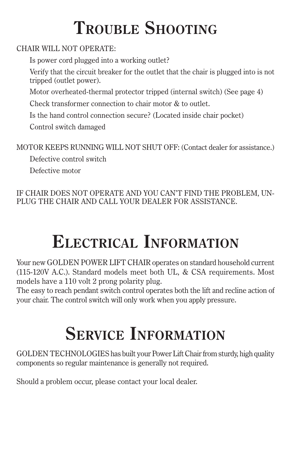 Ervice, Nformation, Lectrical | Rouble, Hooting | Golden Technologies 8-02 BPWARB User Manual | Page 6 / 12