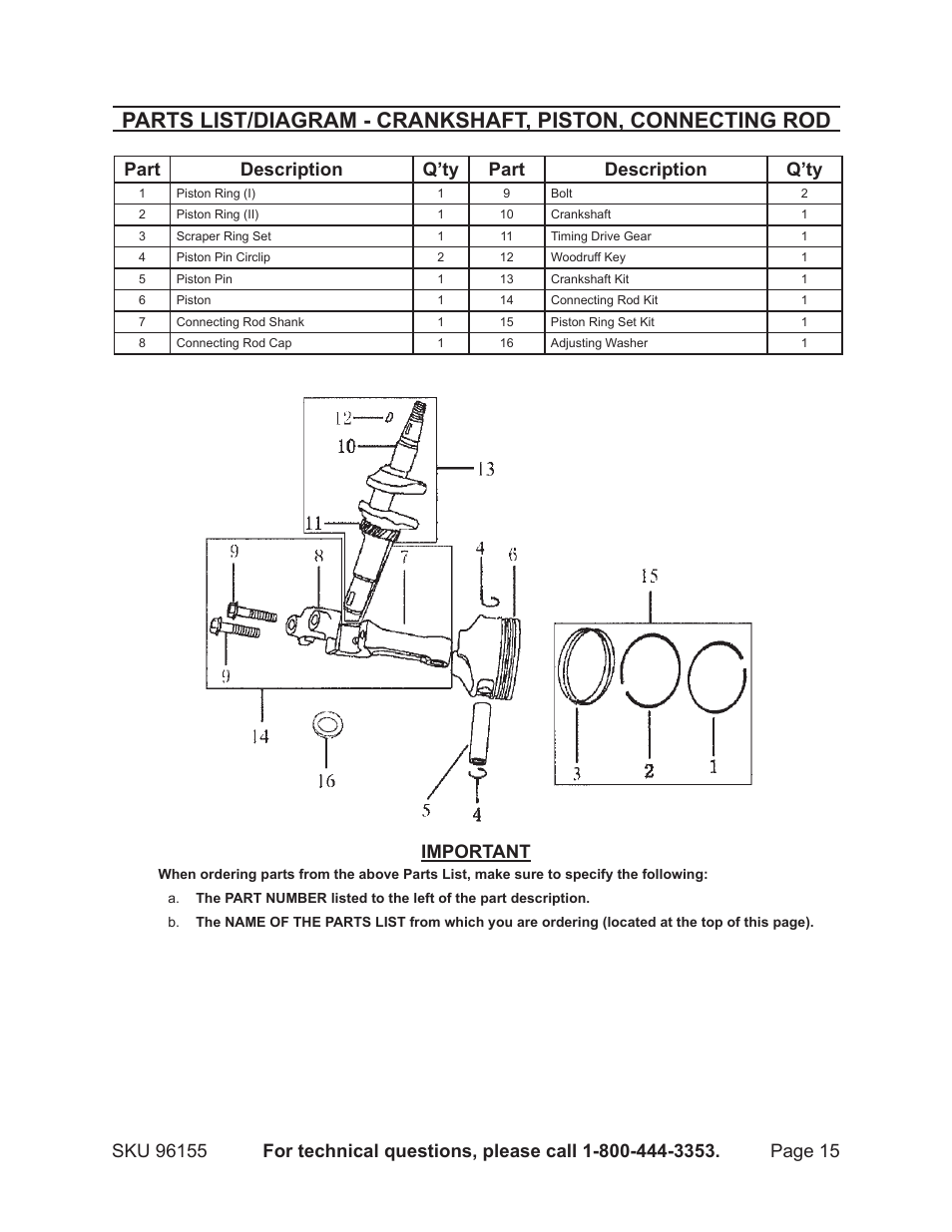 Part description q’ty part description q’ty, Important | Greyhound Lines 96155 User Manual | Page 15 / 28