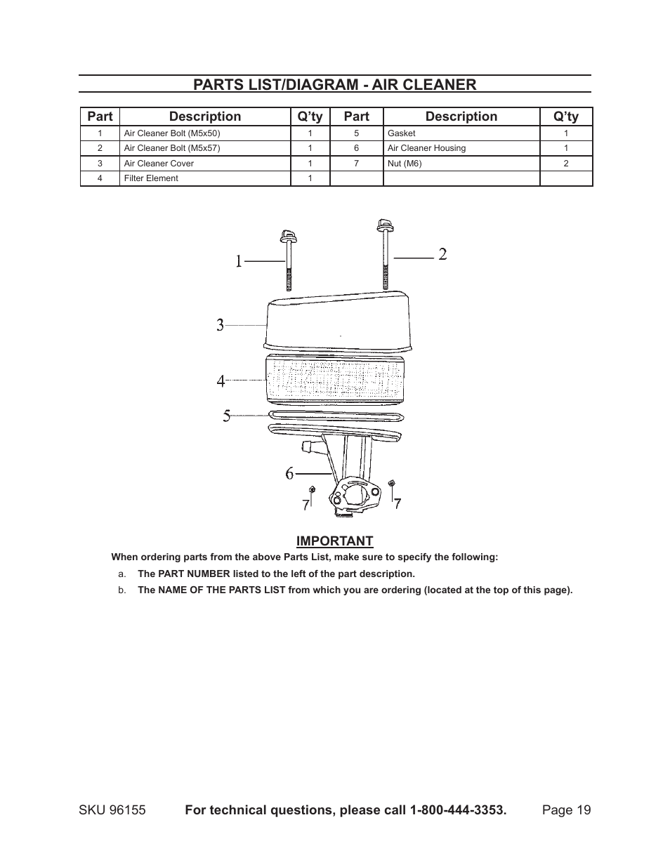 Parts list/diagram - air cleaner, Part description q’ty part description q’ty, Important | Greyhound Lines 96155 User Manual | Page 19 / 28