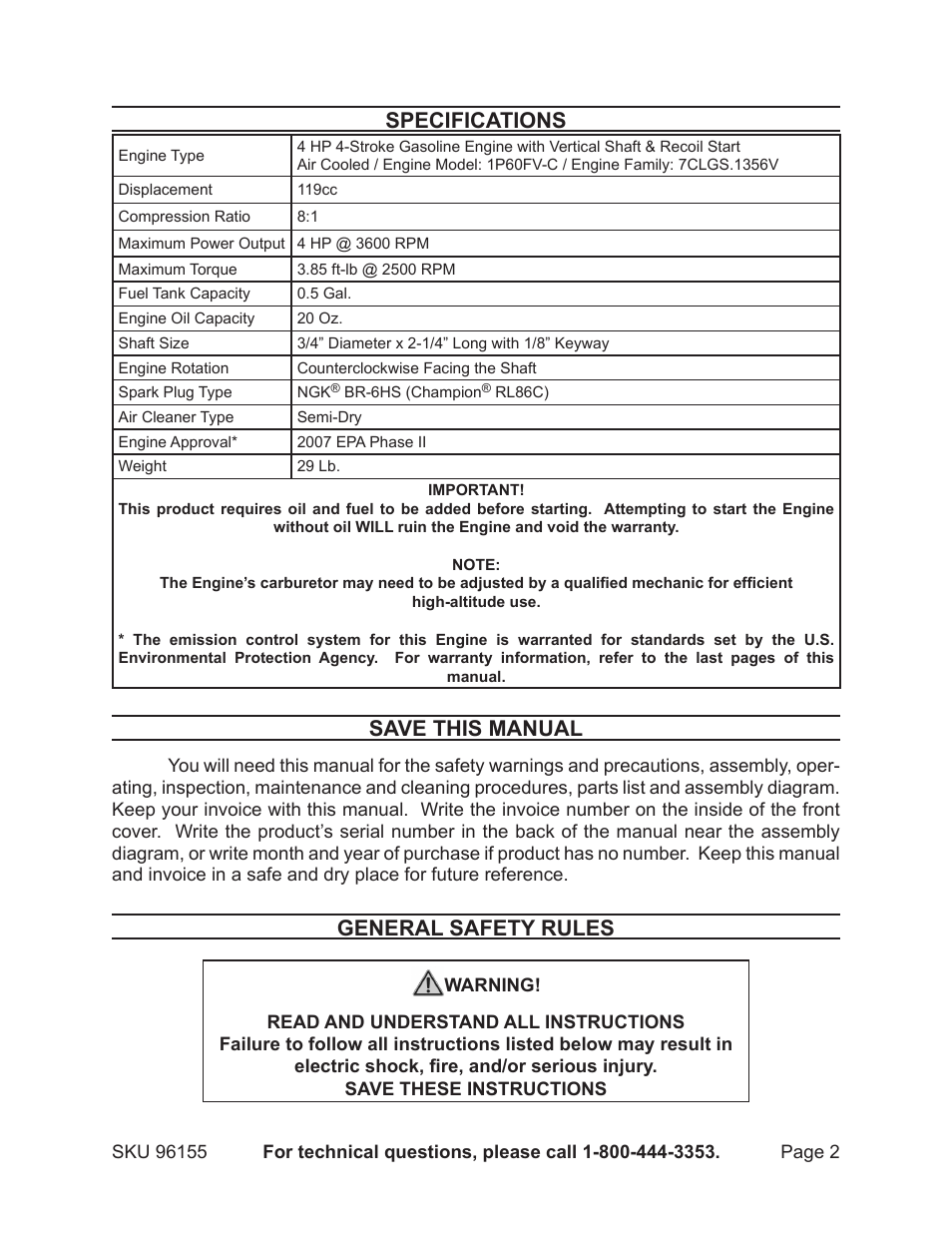 Specifications, Save this manual, General safety rules | Greyhound Lines 96155 User Manual | Page 2 / 28