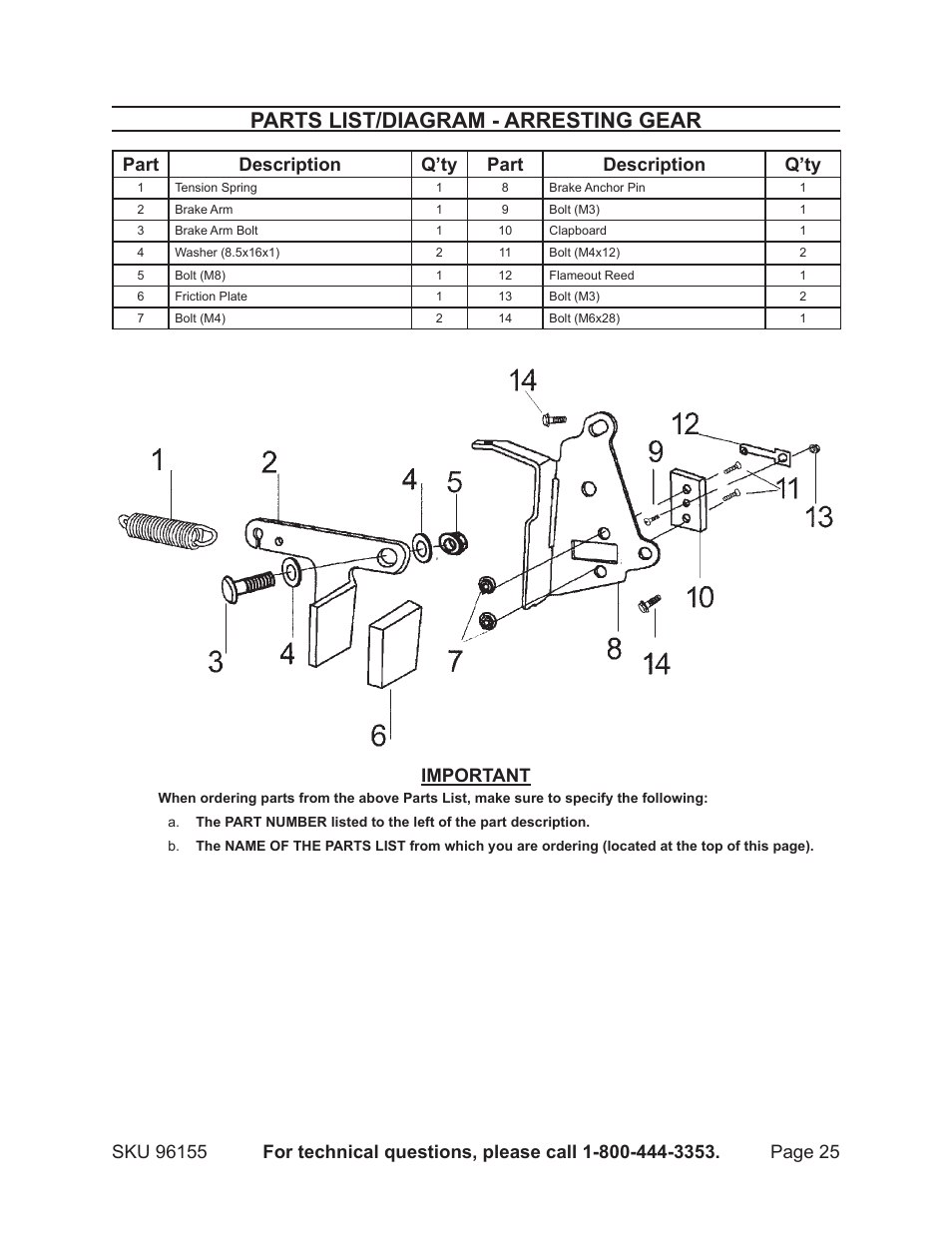 Parts list/diagram - arresting gear, Important | Greyhound Lines 96155 User Manual | Page 25 / 28