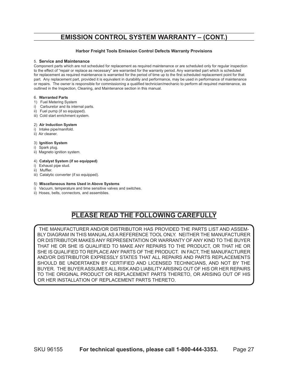 Please read the following carefully, Emission control system warranty – (cont.) | Greyhound Lines 96155 User Manual | Page 27 / 28