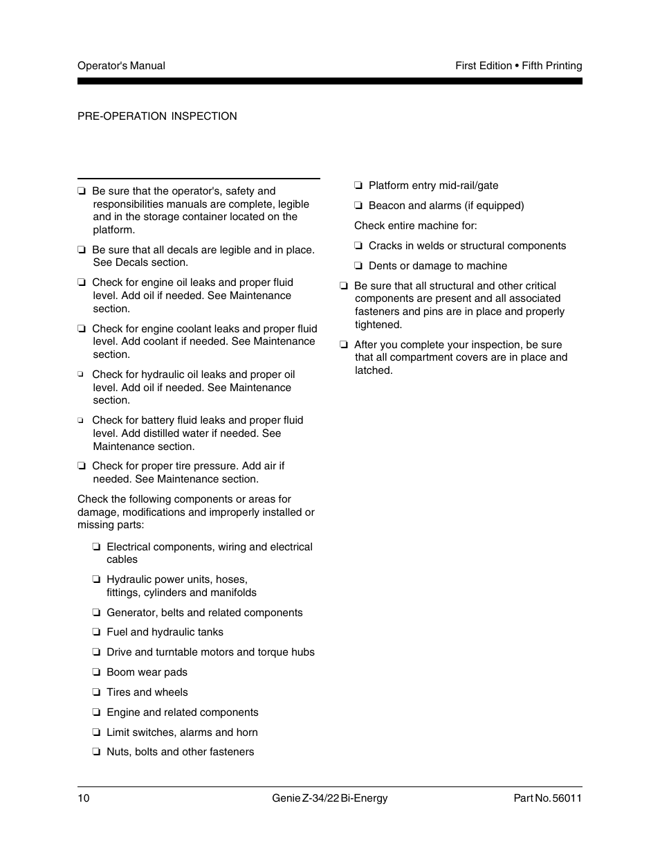 Pre-operation inspection | Genie Z-34 User Manual | Page 12 / 31