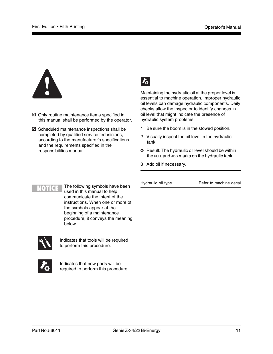 Maintenance, Observe and obey, Check the hydraulic oil level | Genie Z-34 User Manual | Page 13 / 31