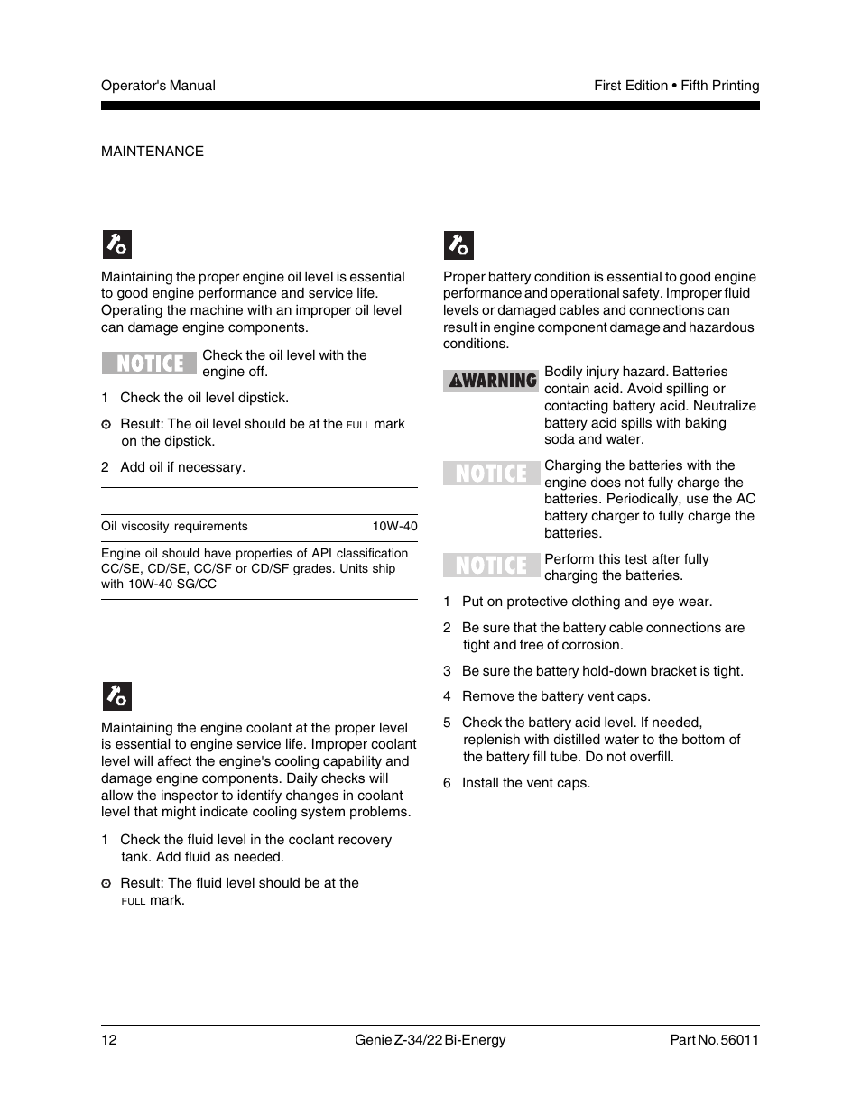 Check the batteries, Check the engine oil level, Check the engine coolant level | Genie Z-34 User Manual | Page 14 / 31