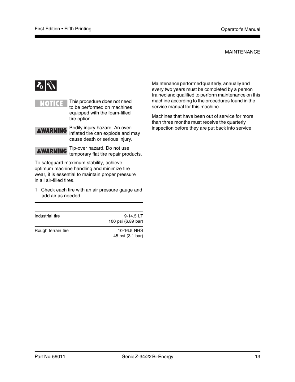 Scheduled maintenance, Check the tire pressure | Genie Z-34 User Manual | Page 15 / 31