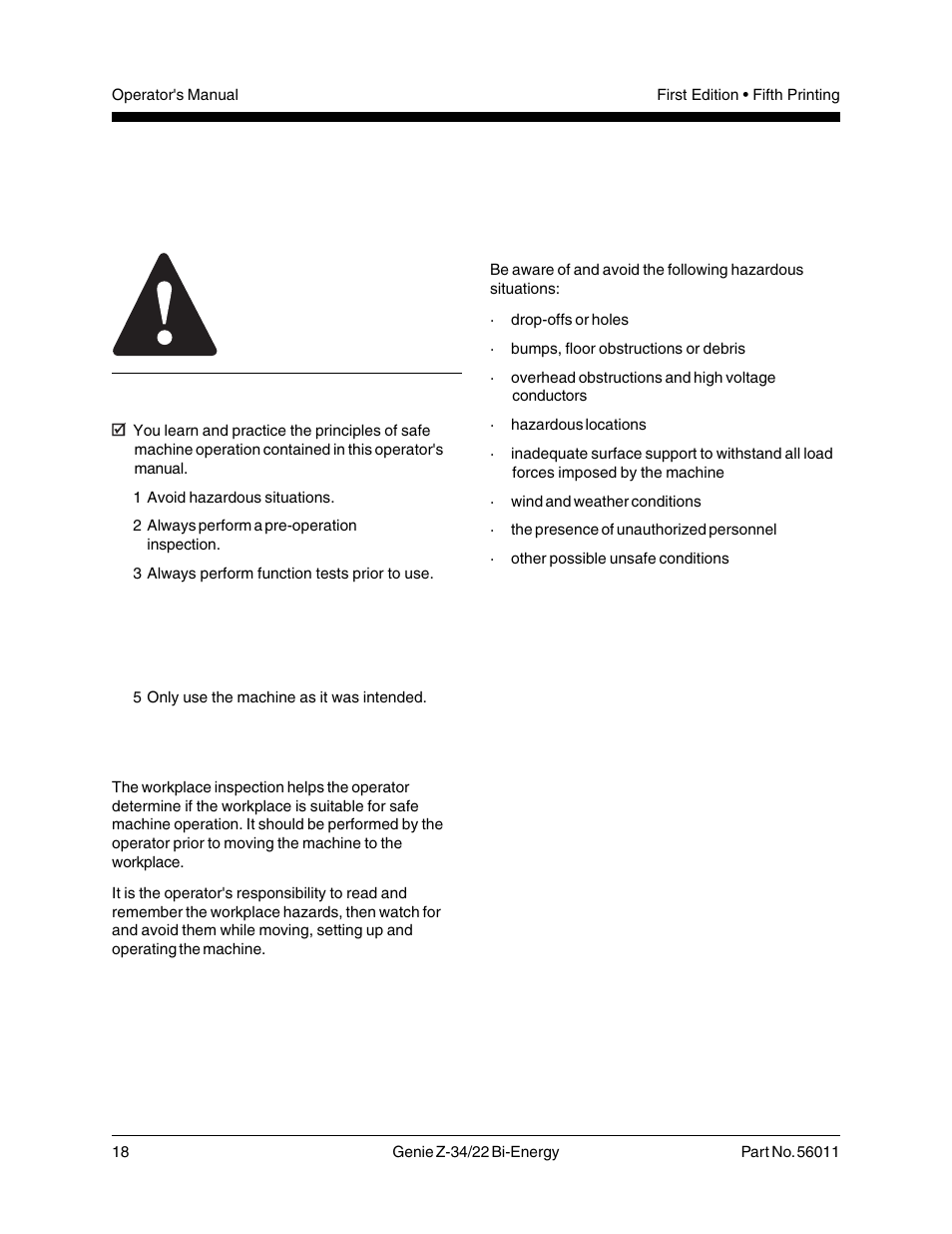 Workplace inspection, Do not operate unless, Fundamentals | Genie Z-34 User Manual | Page 20 / 31
