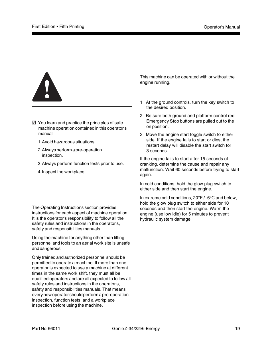 Operating instructions, Introduction, Starting the engine | Do not operate unless, Fundamentals | Genie Z-34 User Manual | Page 21 / 31
