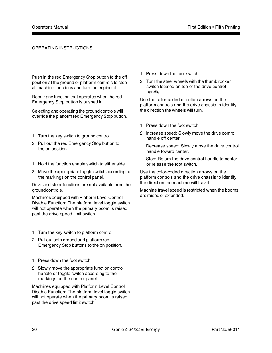 Emergency stop, Operation from ground, Operation from platform | Genie Z-34 User Manual | Page 22 / 31