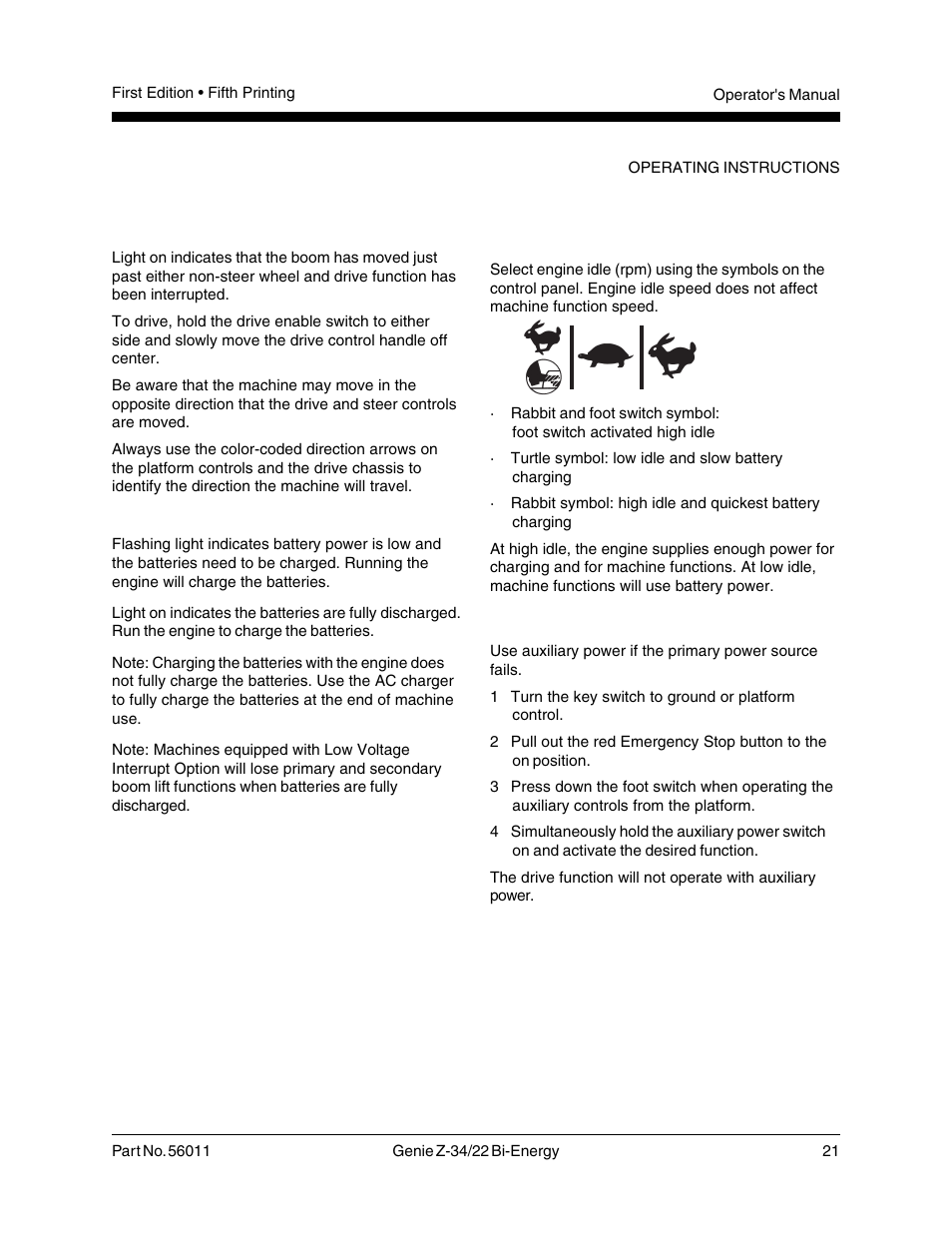 Engine idle select (rpm), Auxiliary controls | Genie Z-34 User Manual | Page 23 / 31