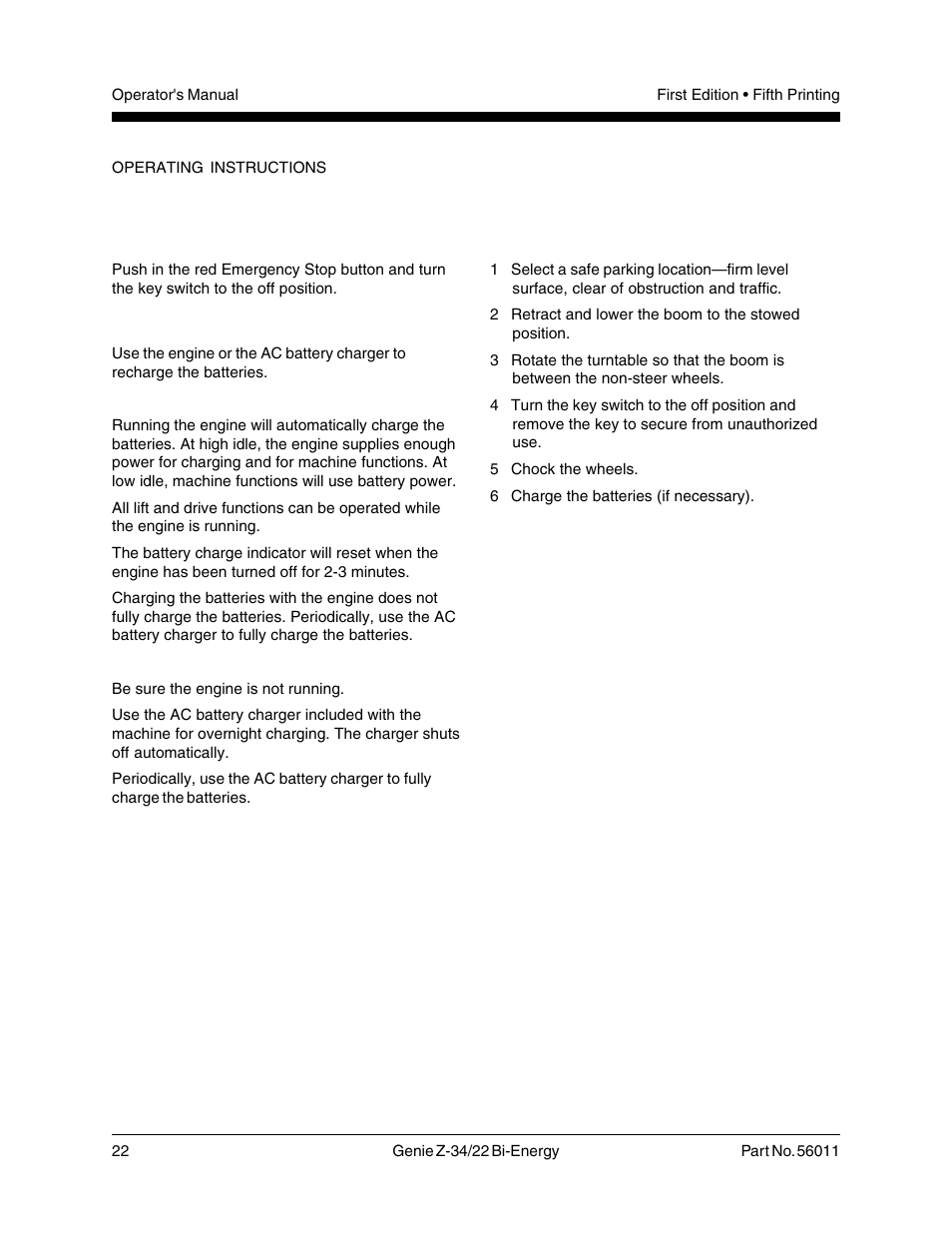 Stopping the engine, Charging the batteries, After each use | Genie Z-34 User Manual | Page 24 / 31