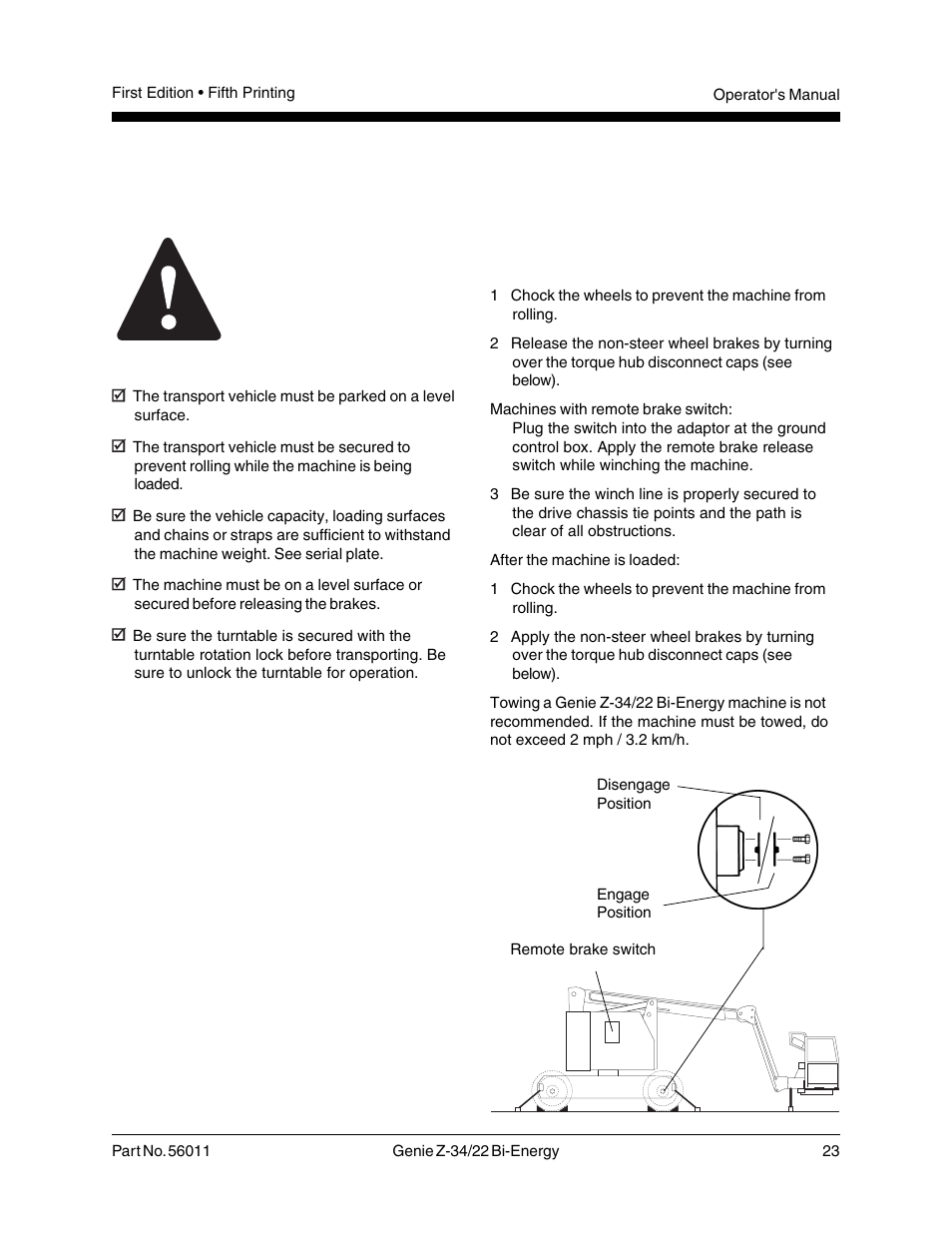Transport & lifting instructions, Observe and obey, Free-wheel configuration for winching | Genie Z-34 User Manual | Page 25 / 31