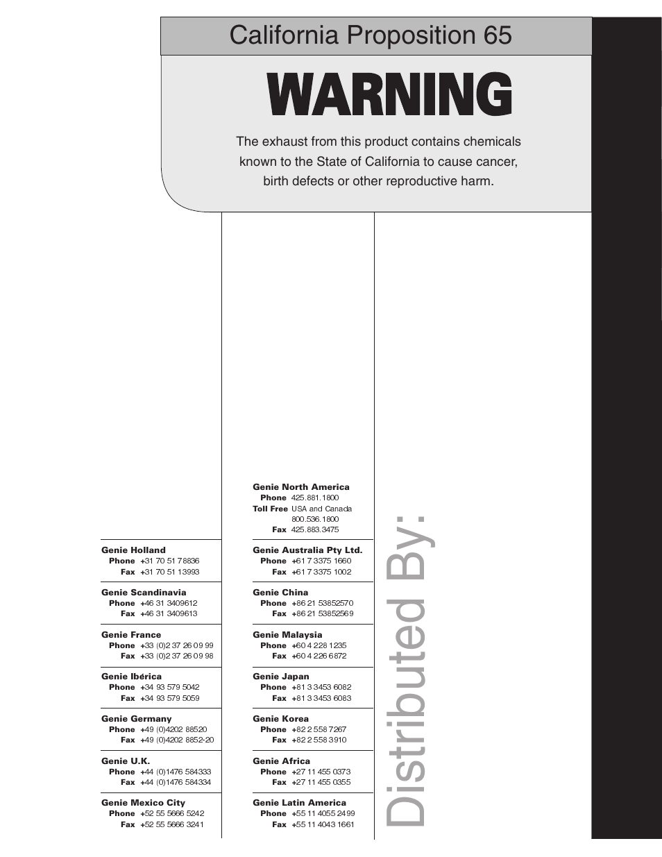 Warning, Distributed by, California proposition 65 | Genie Z-34 User Manual | Page 31 / 31