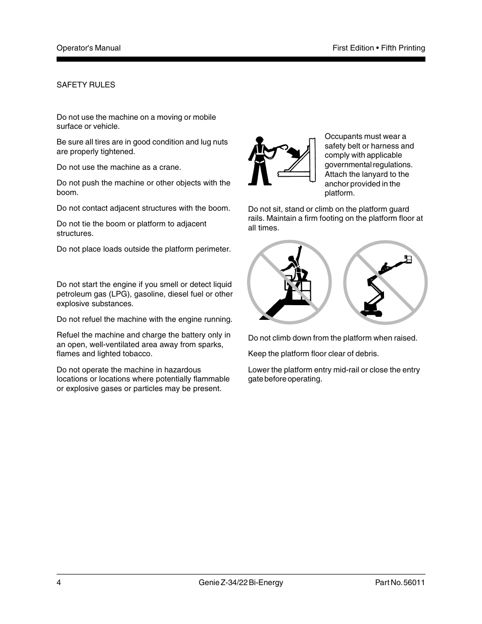 Explosion and fire hazards, Fall hazards | Genie Z-34 User Manual | Page 6 / 31