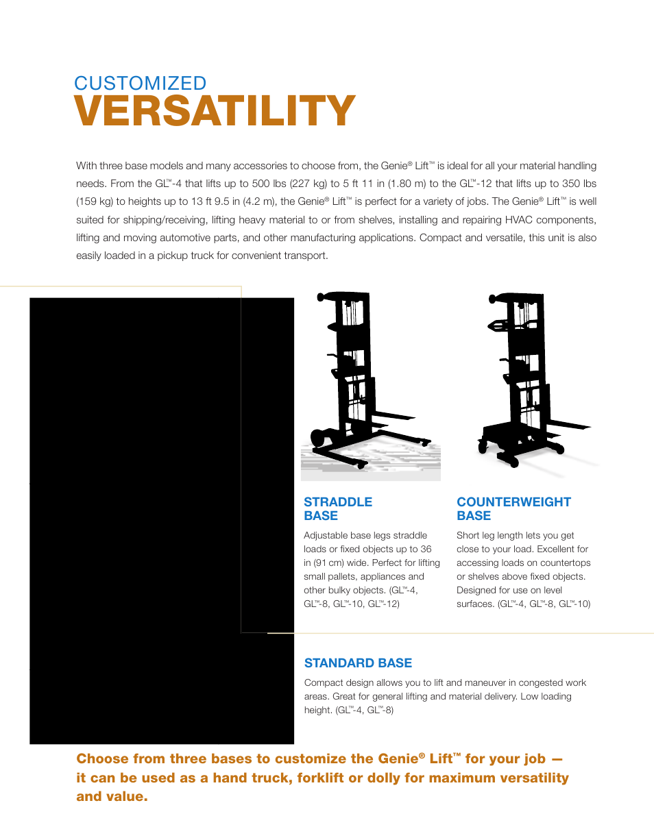 Versatility, Customized, Choose from three bases to customize the genie | Lift, Straddle base, Counterweight base, Standard base | Genie sLc User Manual | Page 8 / 16