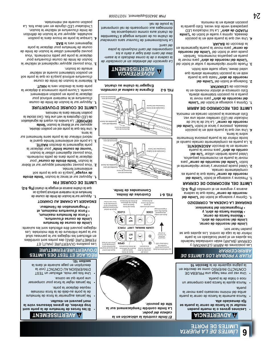 Límites de la puer ta limites de porte, Advertencia, Avertissement | Advertencia avertissement, Fijar y probar los límites de abrir/cerrar, Réglage et test des limites d'ouverture/fermeture, Límite del recorrido de cerrar, Limite del recorrido de abrir, Limite de course fin, Limite de course d'ouverture | Genie BeltLift 1022 User Manual | Page 43 / 66