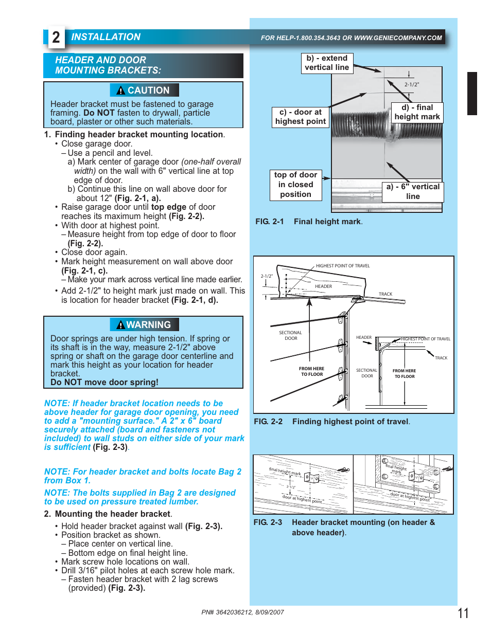 Installation, Header and door mounting brackets, Caution | Warning | Genie 1022 User Manual | Page 11 / 28