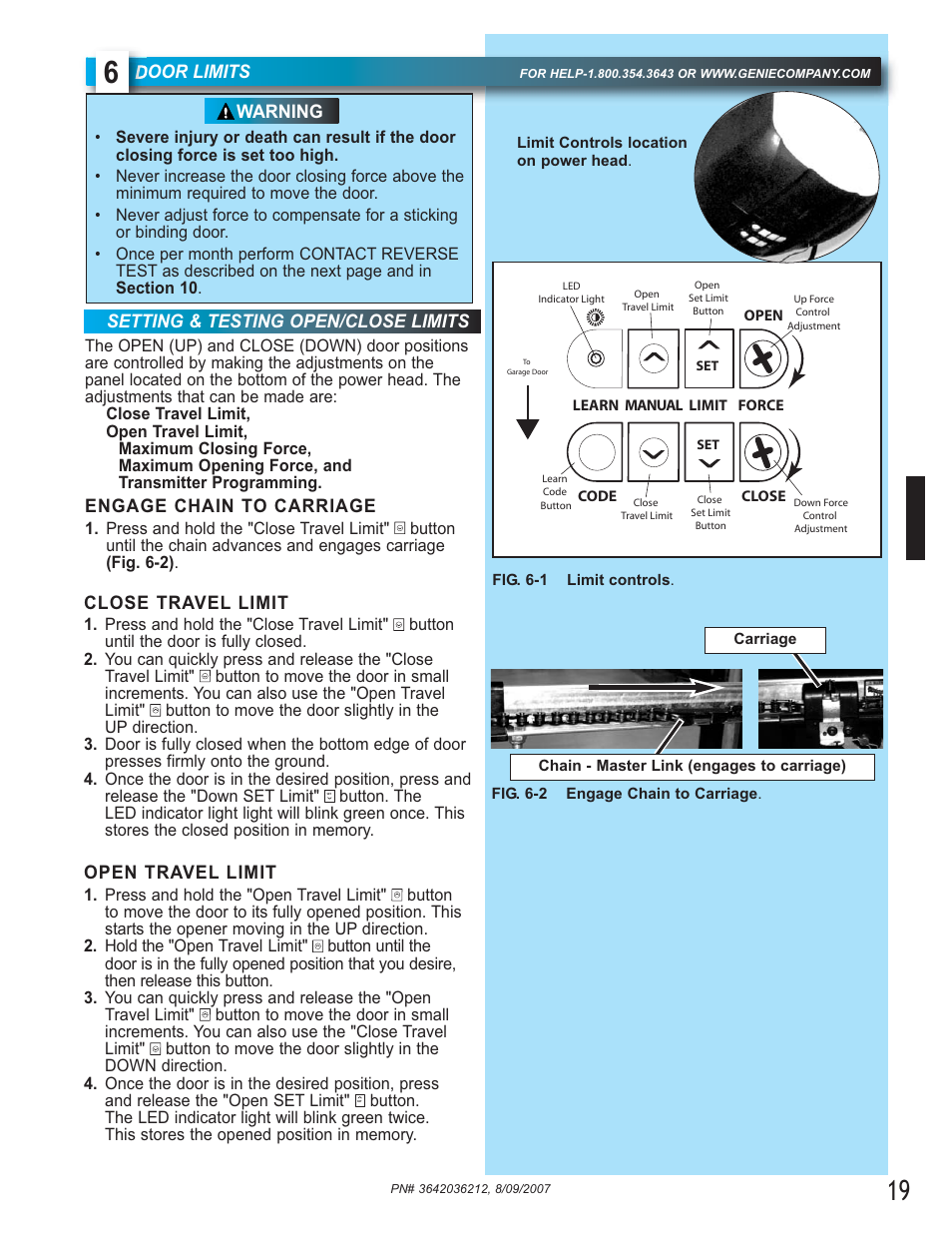 Door limits, Engage chain to carriage, Setting & testing open/close limits | Warning, Close travel limit, Open travel limit | Genie 1022 User Manual | Page 19 / 28