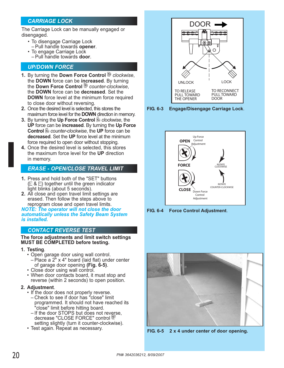 Door, Contact reverse test, Up/down force erase - open/close travel limit | Carriage lock | Genie 1022 User Manual | Page 20 / 28