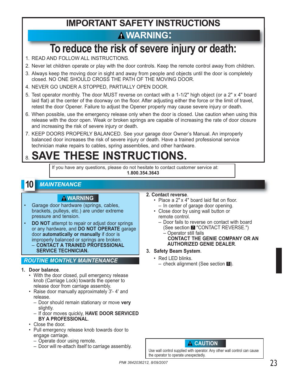Save these instructions, Important safety instructions, Warning | Genie 1022 User Manual | Page 23 / 28