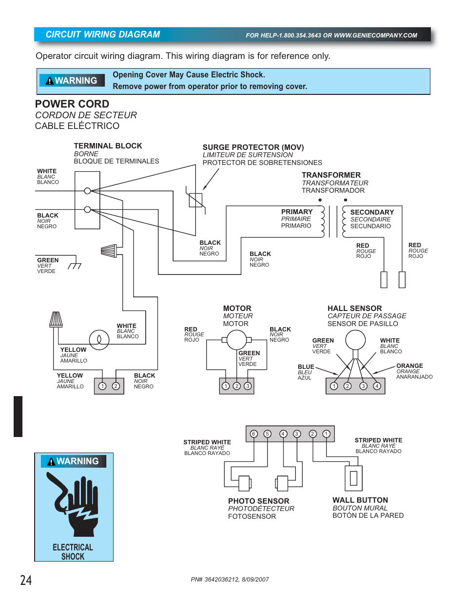 Power cord, Circuit wiring diagram, Cordon de secteur cable eléctrico | Warning electrical shock warning | Genie 1022 User Manual | Page 24 / 28