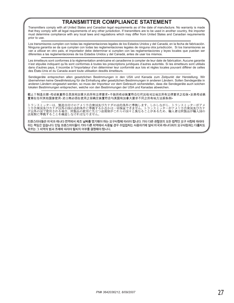 Transmitter compliance statement | Genie 1022 User Manual | Page 27 / 28