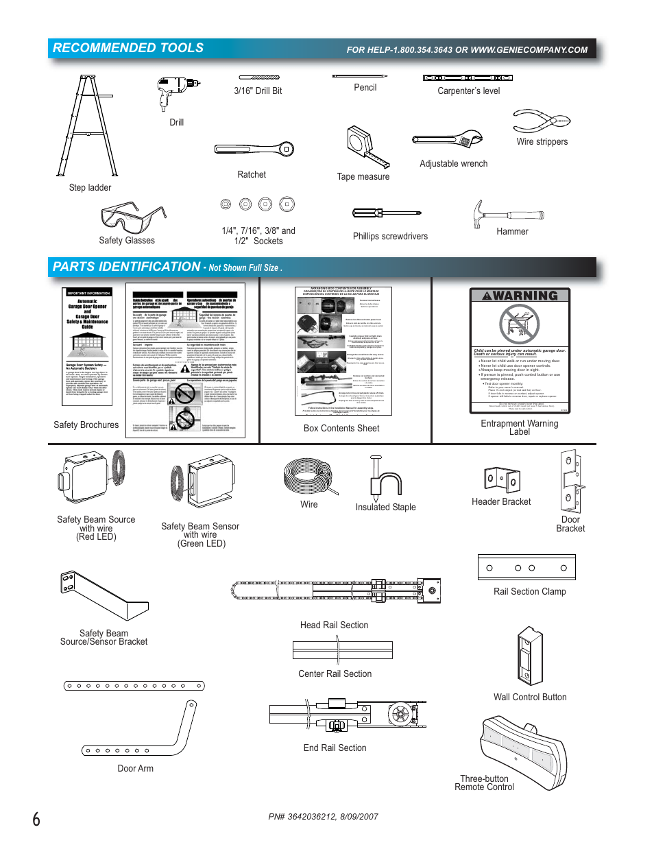 Recommended tools, Parts identification, Not shown full size . three-button remote control | Genie 1022 User Manual | Page 6 / 28