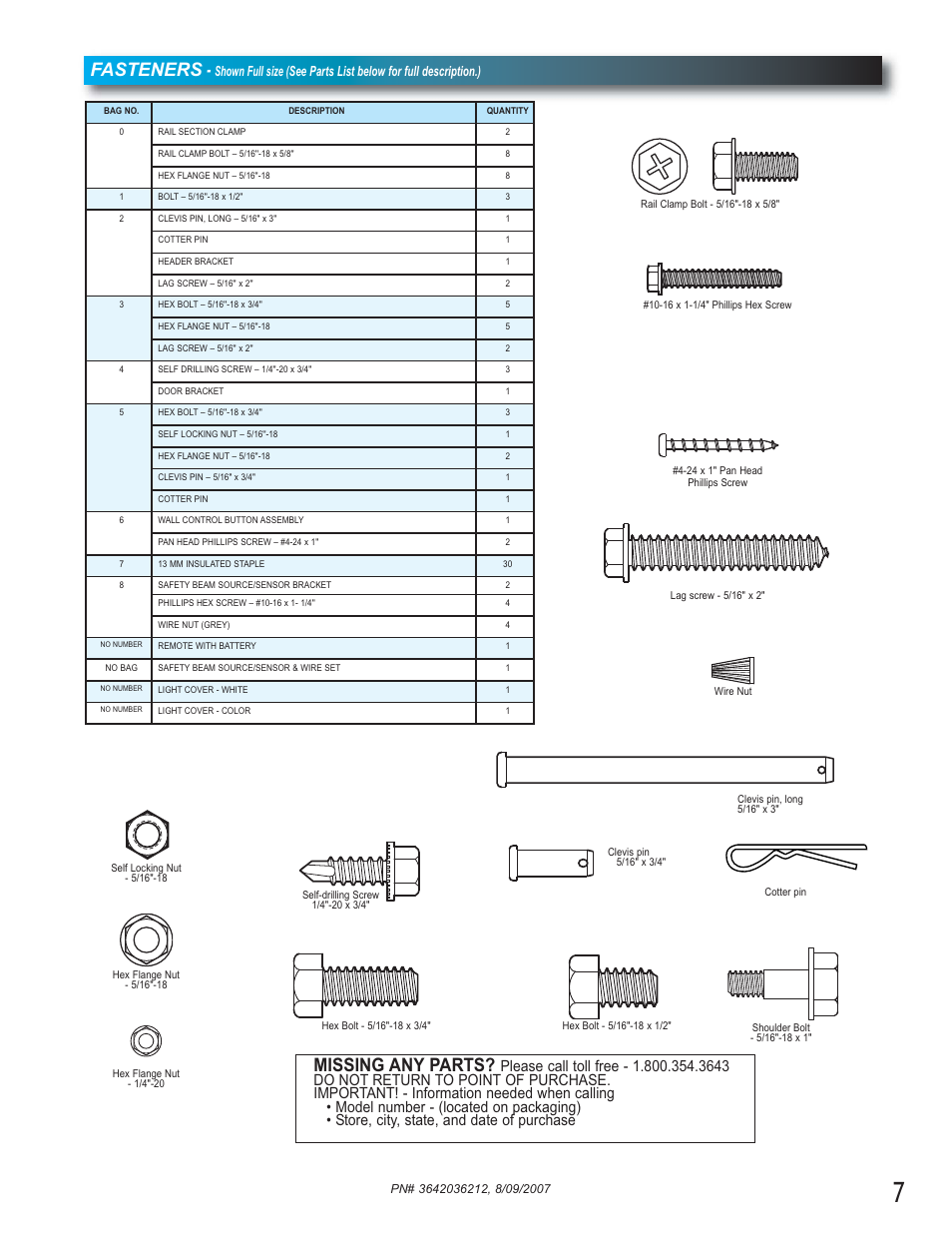 Fasteners, Missing any parts | Genie 1022 User Manual | Page 7 / 28