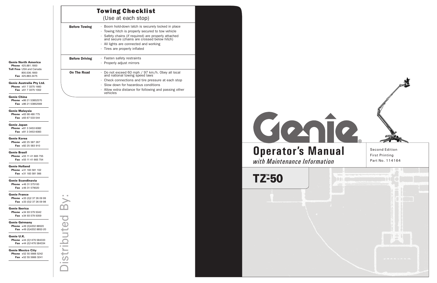 Operator’s manual, Distributed by, With maintenance information | Towing checklist, Use at each stop) | Genie TZ-50 User Manual | Page 41 / 41