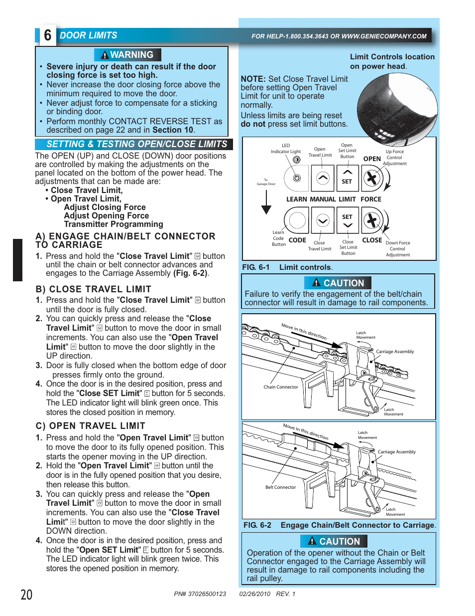 Door limits, Setting & testing open/close limits, Warning | B) close travel limit, C) open travel limit, Caution a) engage chain/belt connector to carriage, Caution | Genie Model 2022 User Manual | Page 20 / 30