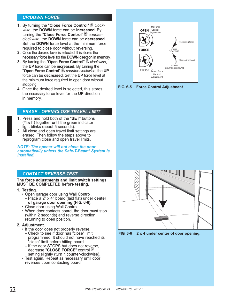 Contact reverse test, Erase - open/close travel limit, Up/down force | Genie Model 2022 User Manual | Page 22 / 30