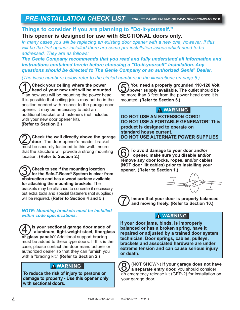 Pre-installation check list | Genie Model 2022 User Manual | Page 4 / 30