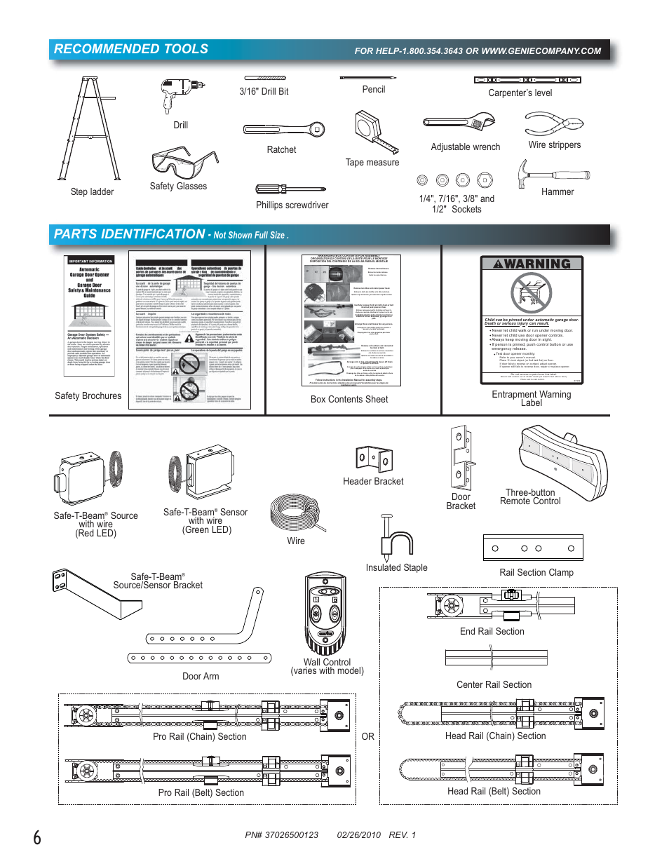 Recommended tools, Parts identification, Not shown full size . three-button remote control | Source with wire (red led) safe-t-beam, Source/sensor bracket | Genie Model 2022 User Manual | Page 6 / 30