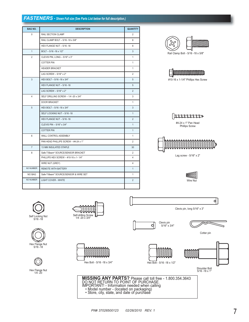 Fasteners, Missing any parts | Genie Model 2022 User Manual | Page 7 / 30