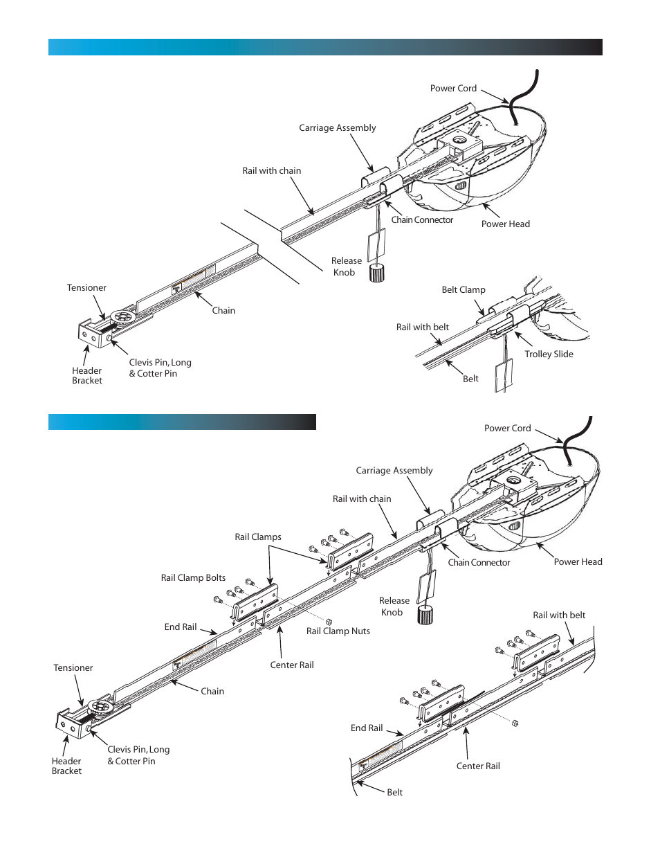 Chain, Chain belt belt, Piece rail hardware assembled view | Genie Model 2022 User Manual | Page 8 / 30