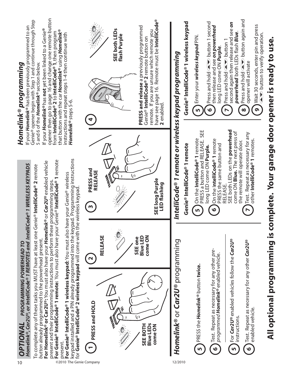 Optional, Homelink® progr amming, Homelink® or c ar2u® pr ogr amming | Genie INTELLIG 1000 3024 User Manual | Page 10 / 27