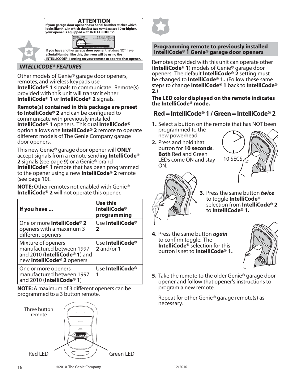 Red = intellicode® 1 / green = intellicode® 2, Attention | Genie INTELLIG 1000 3024 User Manual | Page 16 / 27