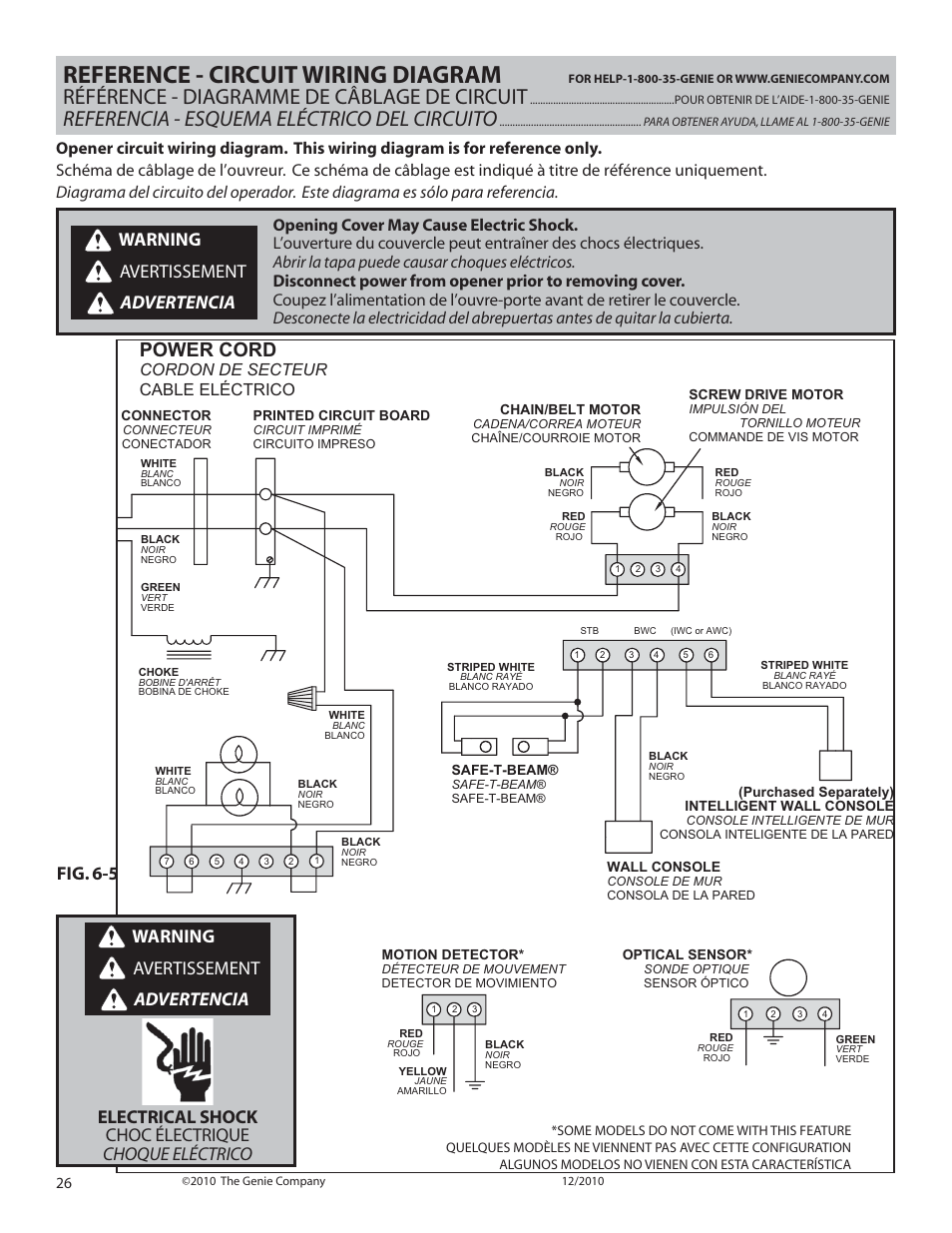 Reference - circuit wiring diagram, Référence - diagramme de câblage de circuit, Referencia - esquema eléctrico del circuito | Power cord, Warning avertissement advertencia, Cordon de secteur cable eléctrico | Genie INTELLIG 1000 3024 User Manual | Page 26 / 27