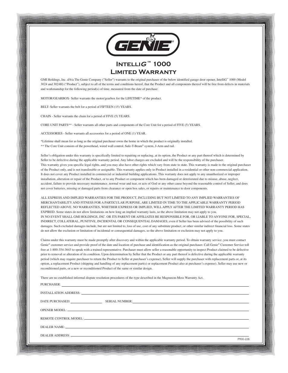 Intelli, 1000 limited warranty | Genie INTELLIG 1000 3024 User Manual | Page 27 / 27