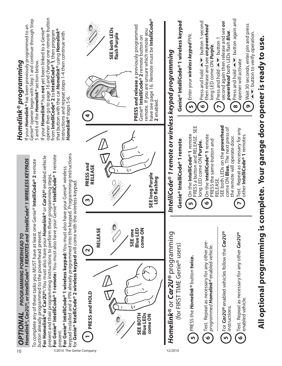 Optional, Homelink® progr amming, Homelink® or c ar2u® pr ogr amming | F or first time g enie® users) | Genie TRILOG 3064H User Manual | Page 10 / 27