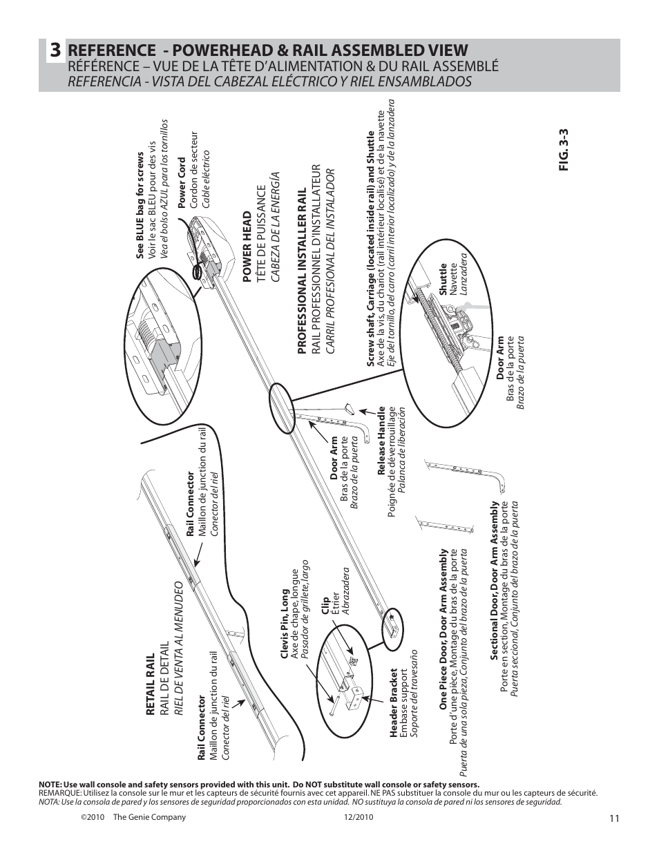 Reference - powerhead & rail assembled view, Fig. 3-3 | Genie TRILOG 3064H User Manual | Page 11 / 27