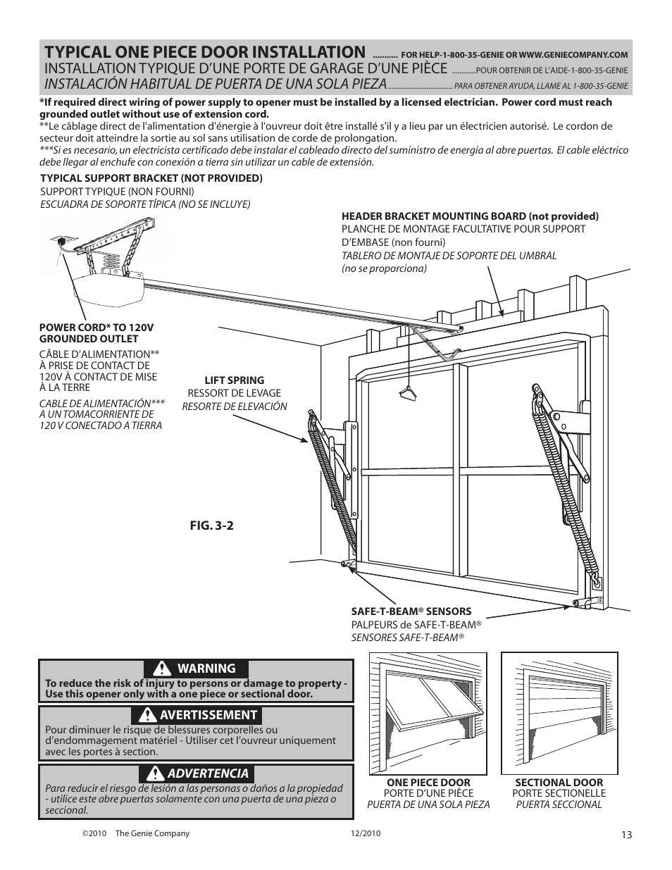 Typical one piece door installation, Instalación habitual de puerta de una sola pieza | Genie TRILOG 3064H User Manual | Page 13 / 27