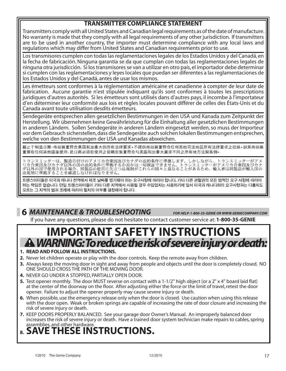 Save these instructions, Maintenance & troubleshooting | Genie TRILOG 3064H User Manual | Page 17 / 27