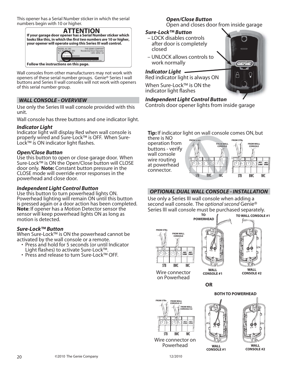 Attention, Indicator light, Open/close button | Independent light control button, Sure-lock™ button, Optional dual wall console - installation, Series iii, Genie® series iii, Verify, Routing | Genie TRILOG 3064H User Manual | Page 20 / 27